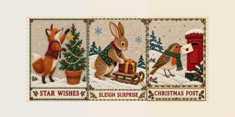 Embroidered Christmas Postage Stamps