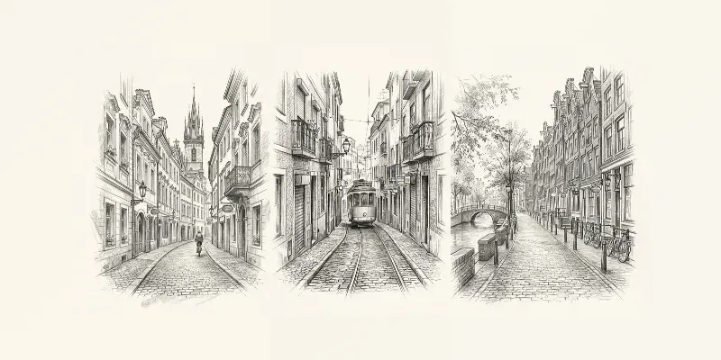 Vintage European Street Pencil Sketches