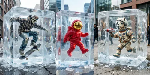 Frozen 3D Characters In Urban Ice Cubes generated by gemini-image