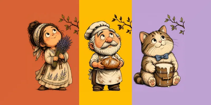 Whimsical Slavic Folk Comic Characters generated by undefined