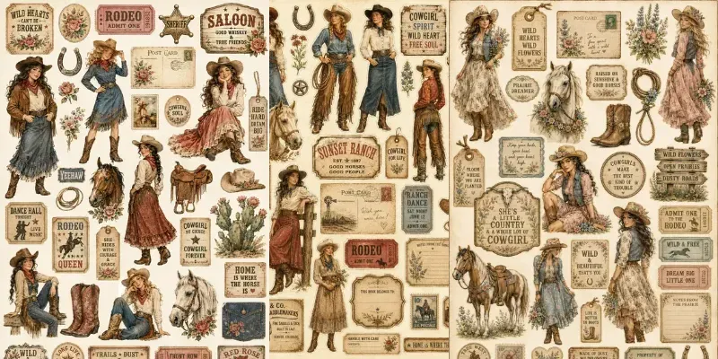 Western Cowgirl Character Ephemera Sheets generated by undefined