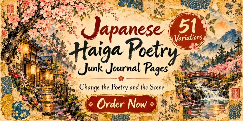 Japanese Haiga Poetry Junk Journal Pages