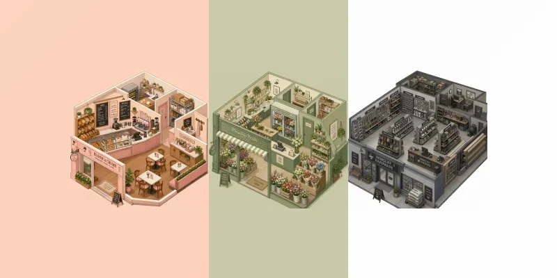 Isometric Shop Cutaway Scenes generated by undefined