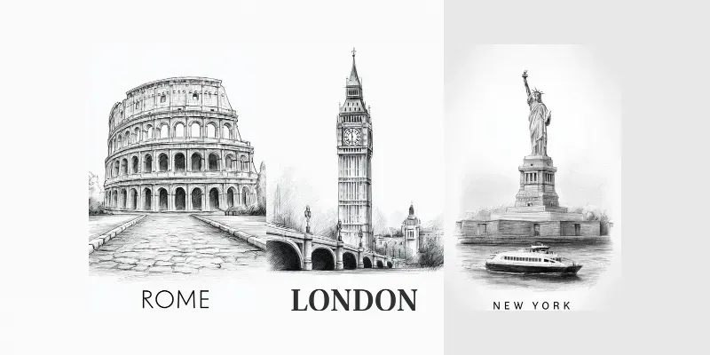 Pencil Sketch Travel Posters generated by undefined