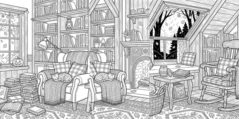 Cozy Autumn Reading Nook Coloring Pages generated by undefined