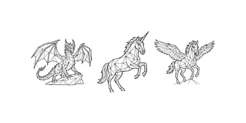 Lowpoly Fantasy Creatures Kdp Line Art generated by gemini-image