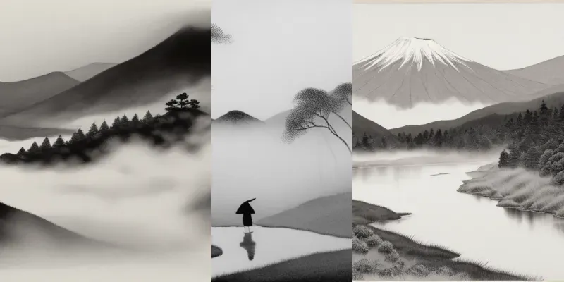 Japanese Sumie Samurai Landscape Art