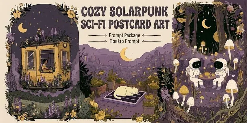 Cozy Solarpunk Scifi Postcard Art generated by undefined