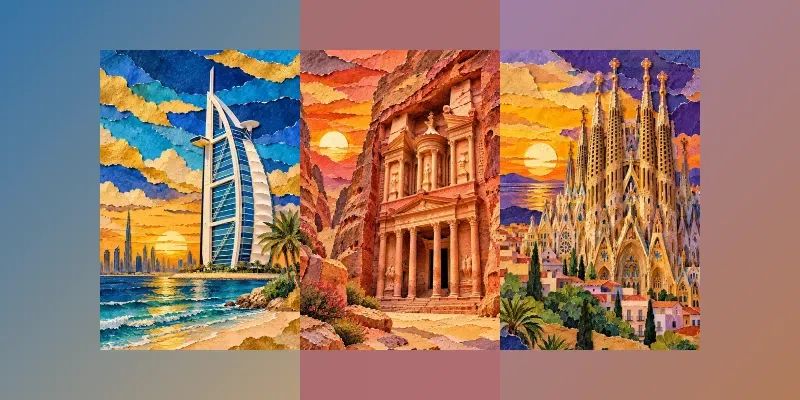 Vibrant Landmark Torn Paper Collage Art