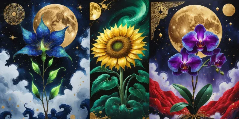 Mystical Lotus Celestial Gold Moon Art generated by undefined