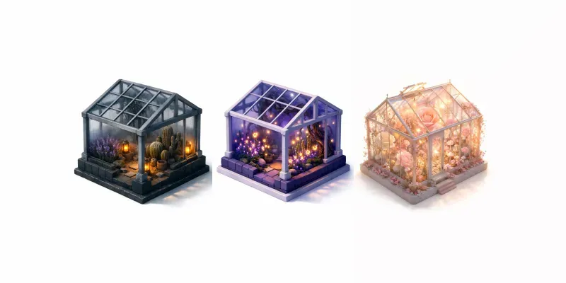 3D Isometric Minimalist Glass Greenhouses generated by undefined