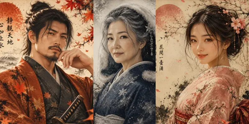 Japanese Ink Wash Kimono Portraits generated by undefined