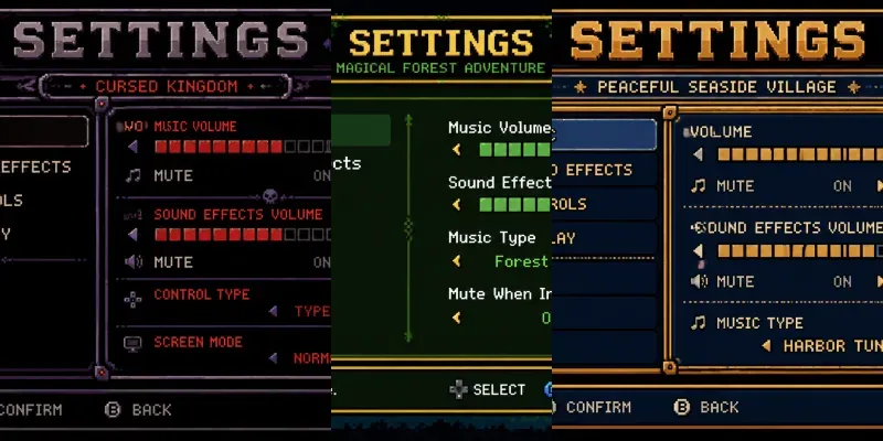 8bit RPG Settings Menu UI Screens generated by undefined