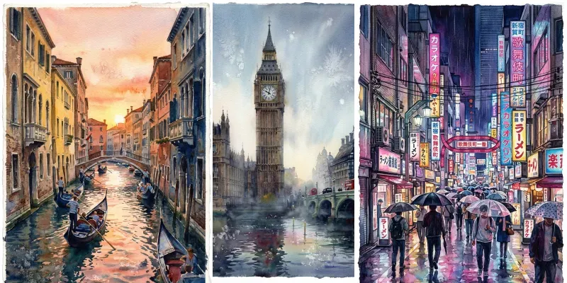 Custom City Watercolor Wall Art Assets generated by undefined