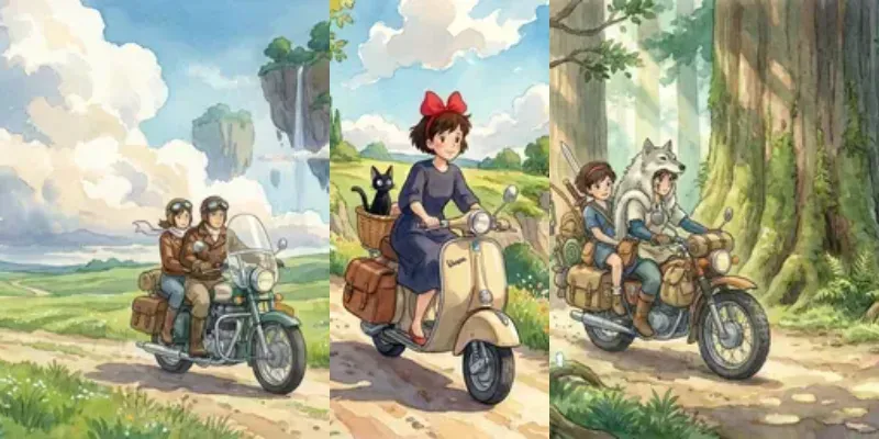 Whimsical Ghiblistyle Motorcycle Journeys generated by undefined