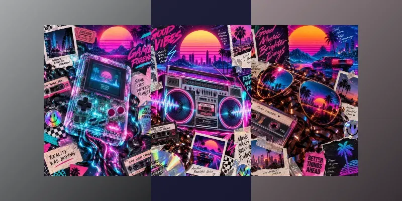 Neon 80s Synthwave Scrapbook Assets