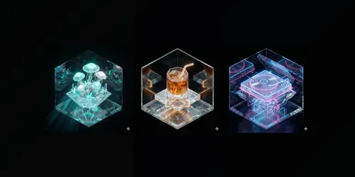 3 Isometric Neon Glass Microworlds generated by gemini-image