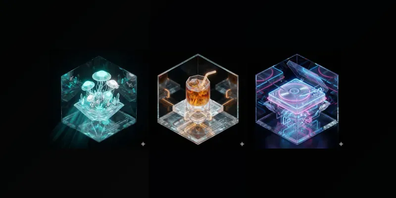 3 Isometric Neon Glass Microworlds generated by undefined