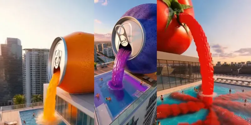Cinematic Giant Fruit Can Pool Pours generated by undefined