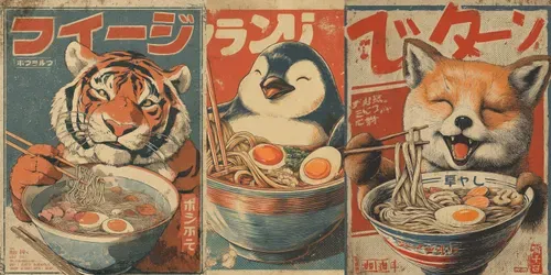 Animals Eating Ramen Vintage Posters generated by midjourney