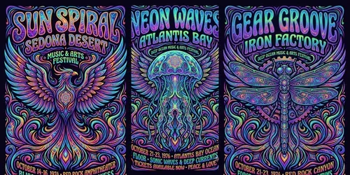 Vibrant 70s Psychedelic Festival Posters generated by gemini-image