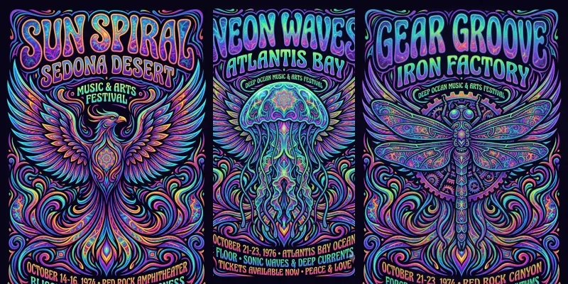 Vibrant 70s Psychedelic Festival Posters generated by undefined