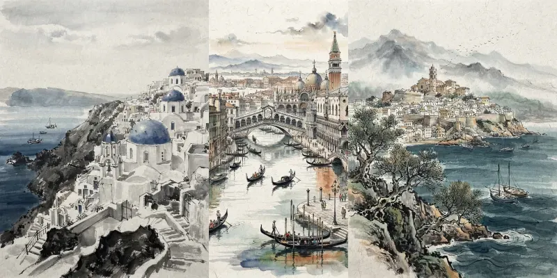 East Asian Ink Wash Travel Posters