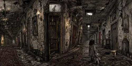 Surreal Hotel Hallway Ink Illustrations generated by chatgpt-image