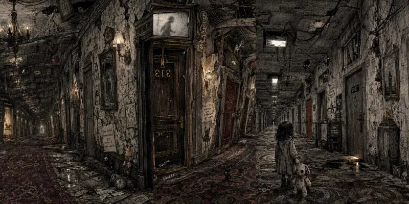 Surreal Hotel Hallway Ink Illustrations