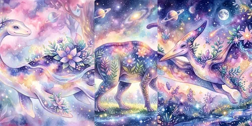 Dreamy Watercolor Dinosaurs In Cosmics generated by gemini-image