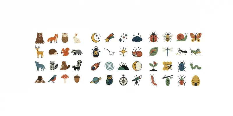 2D Flat Risograph 16in1 Icon Grids