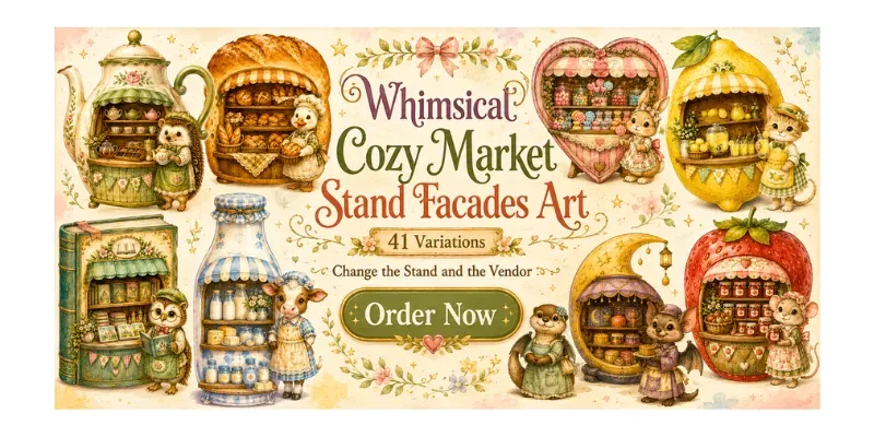 Whimsical Cozy Market Stand Facades Art generated by undefined