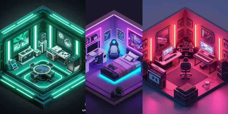 3D Isometric Neon Gaming Rooms generated by undefined
