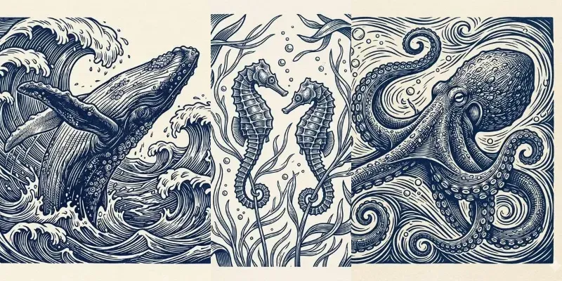 Vintage Marine Linocut Pattern Art generated by undefined