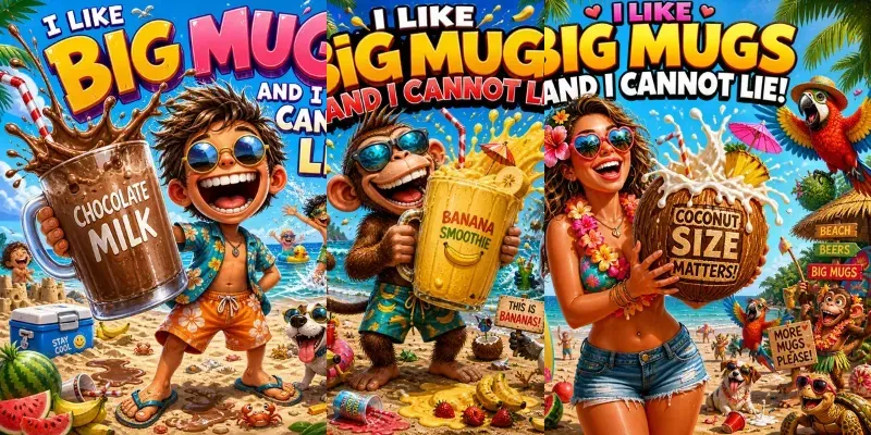 Funny Cartoon Beach Scenes With Giant Mugs generated by undefined