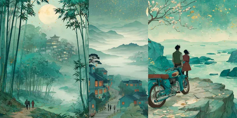 Ink Wash Teal Ghibli Gold Art generated by undefined