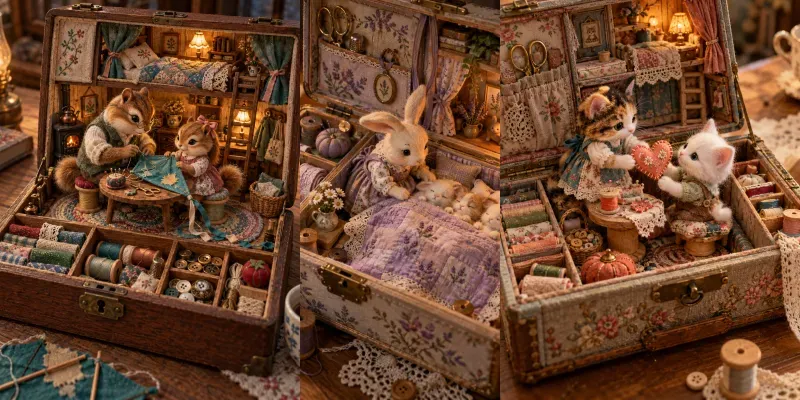 Miniature Animal Sewing Box Dioramas