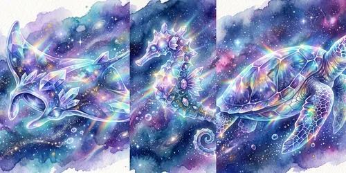 Cosmic Watercolor Crystal Ocean Animals generated by gemini-image