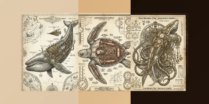 Elite Steampunk Marine Life Line Art generated by undefined