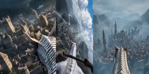 Cinematic Dragon Dives Over Fantasy Cities generated by seedance