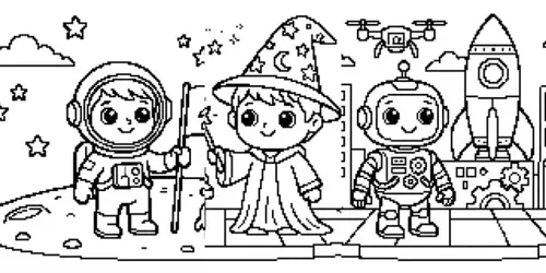 Pixel Style Adventure Kid Coloring Books generated by gemini-image