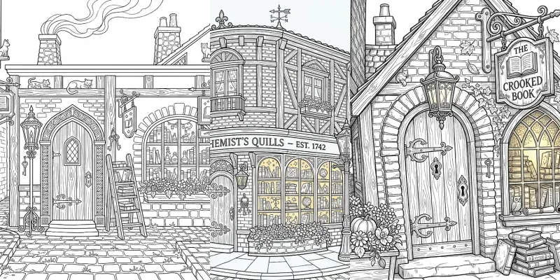 Magical Bookshop Exterior Coloring Pages generated by undefined