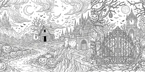 Halloween Spooky Scenery Line Art generated by gemini-image