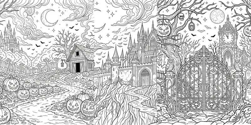 Halloween Spooky Scenery Line Art