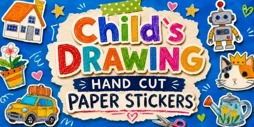 Childs Drawing Hand Cut Paper Stickers generated by midjourney