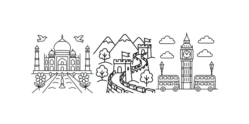 Around The World Landmarks Coloring Pages generated by undefined