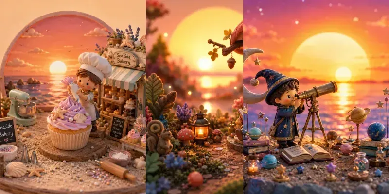 Whimsical Sunset Miniature Scenes generated by undefined