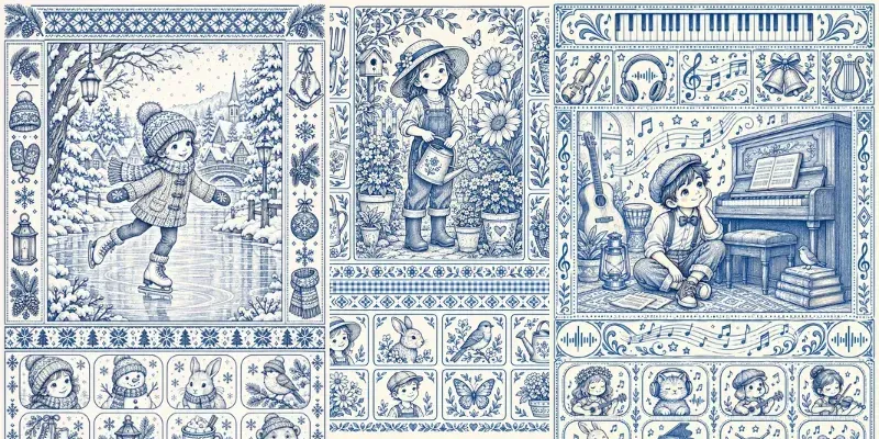 Blue Ink Whimsy Coloring Sheets