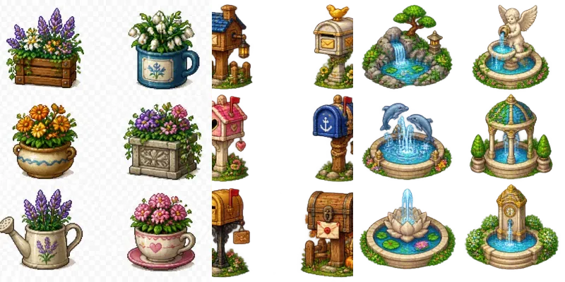 16bit Cozy Courtyard Decor Sprite Sheets generated by undefined