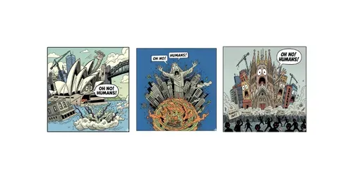 Satirical City Crisis Cartoon Psas generated by gemini-image